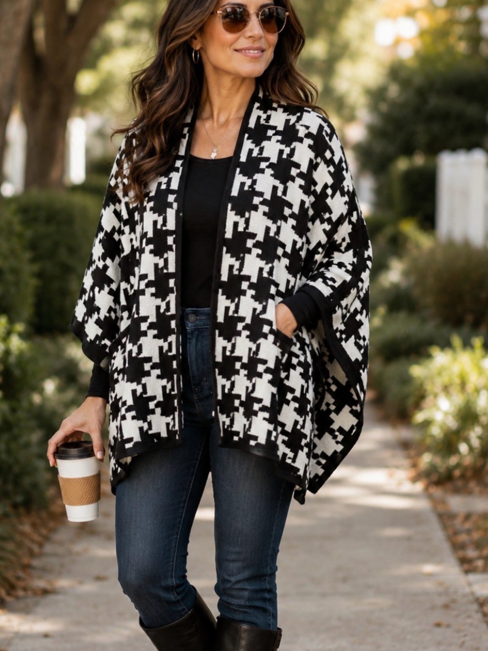 Kasper Black & White Houndstooth Open-Front Poncho